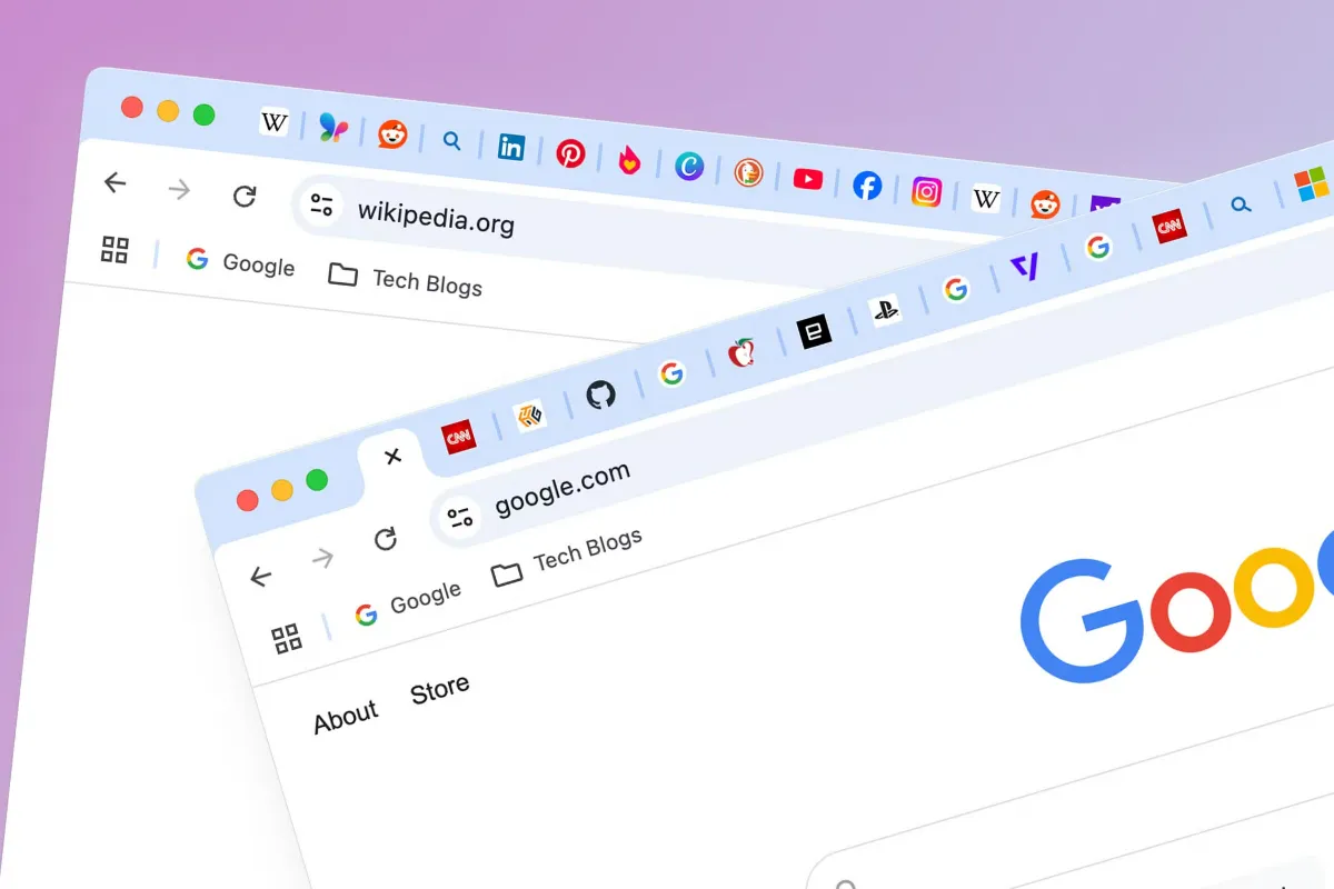 A browser window whose tab strip is squeezed so tightly that only favicons are still visible